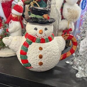 Holiday Snowman Teapot with Red, Green, and Black Accents